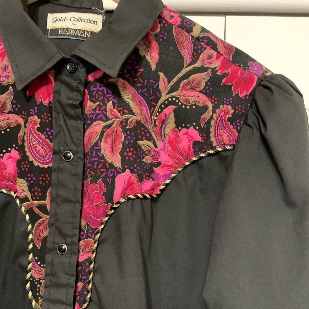 Karman Western Vintage Kenny Roger’s Shirt Black Floral - Womens 15/16 - L - Picture 10 of 10